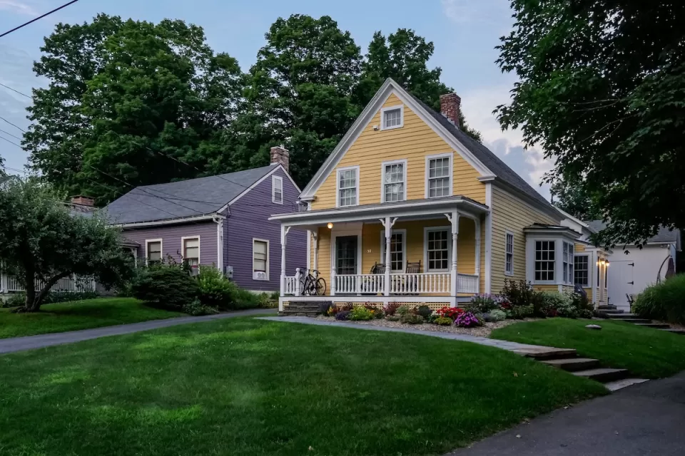 Two colorful Victorian houses in Conway, Massachusetts.
